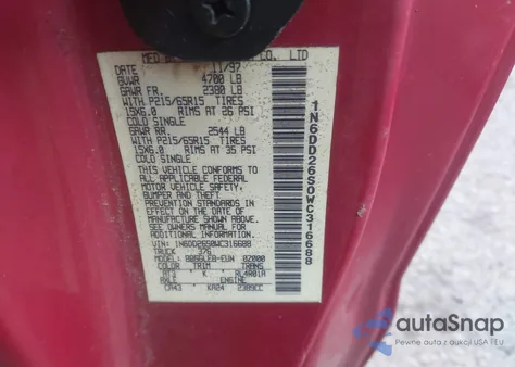 1998 Nissan Frontier Se/Xe z USA, uszkodzony, nr VIN 1N6DD26S0WC316688